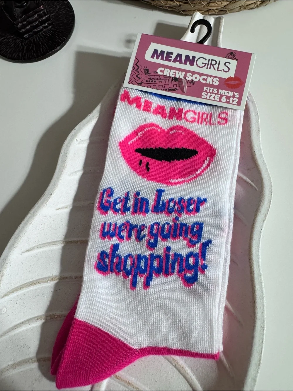 NWT Mean Girls Women's White & Hot Pink Crew Socks - 'Get in Loser'